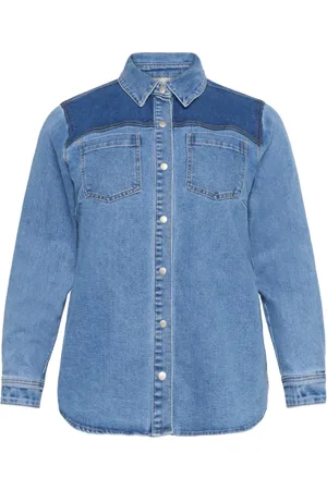 Kaffe Blusar & Skjortor , Dam, XL, Denim, Denim skjorta med fickor och krage