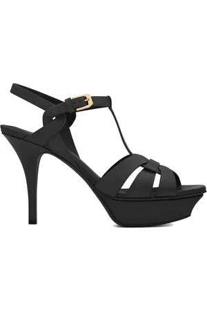 Saint Laurent Skor, Dam, 37 EU, Läder, Svarta sandaletter med remmar och justerbar ankelrem