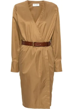 Saint Laurent Klänning, Dam, S, Bomull, Camel Cotton Twill Midi Dress