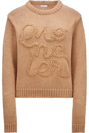 Moncler Stickade tröjor & koftor, Dam, S, Bomull, Logoknit i kamelfärg med geometrisk brodyr
