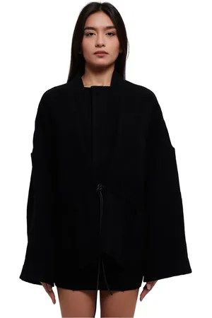 Rick Owens Jacka, Dam, ONE Size, Svart ullkappa med bälte och tryckknäppning