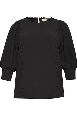 Kaffe Blusar & Skjortor , Dam, M, Polyester, Svart Djup Jerseyblus med Broderade Detaljer