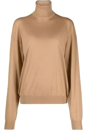 Saint Laurent Stickade tröjor & koftor, Dam, M, Ullribbad Pullover med Hög Krage