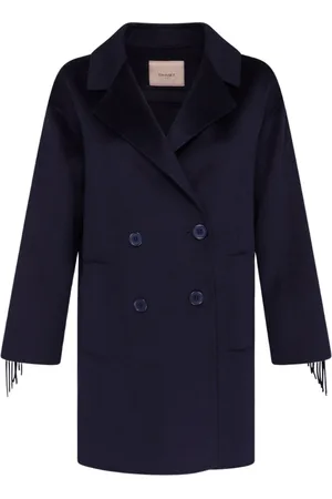 Twin-Set Kappa, Dam, L, Polyester, Blå Ullblandad Dubbelknäppt Kappa