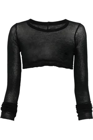 Rick Owens Topp, Dam, M, Bomull, Svart Semi-Sheer Crop Top med Lång Ärm