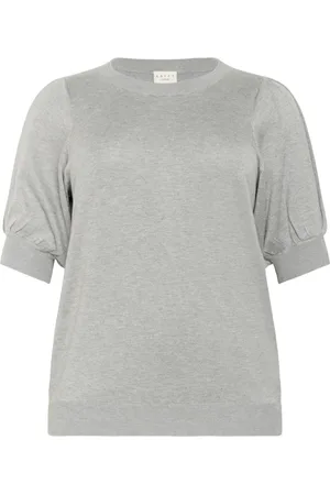 Kaffe Stickade tröjor & koftor, Dam, L, Grå Melange Veckad Pullover Tröja
