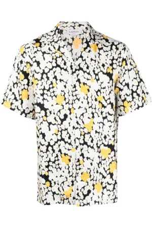 Lanvin Skjorta, Herr, M, Kortärmad svart silkesskjorta med blommönster