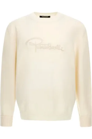 Roberto Cavalli Stickade tröjor & koftor, Herr, M, Ivory Logo Sweatshirt Made in Italy