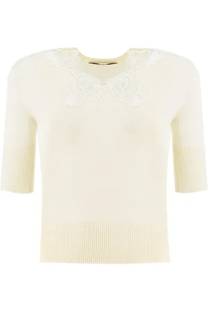ERMANNO SCERVINO Stickade tröjor & koftor, Dam, M, Bomull, Blommig spetströja med rund hals