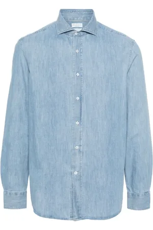 Brunello Cucinelli Skjorta, Herr, M, Denim, Ljusblå Denim Skjorta med Spread Krage