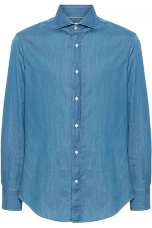 Brunello Cucinelli Skjorta, Herr, M, Bomull, Blå Chambray Skjorta i Bomull med Spread Krage