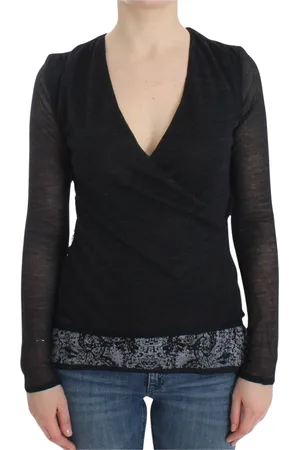 ERMANNO SCERVINO Stickade tröjor & koftor, Dam, M, Polyester, Djup V-ringad Svart Tröja i Ullblandning