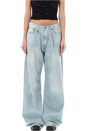 R13 Jeans, Dam, W28, Bomull, Blå Wide Leg Veckade Jeans