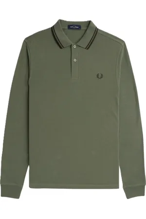 Fred Perry Topp, Herr, S, Långärmad grön pikétröja med detaljer
