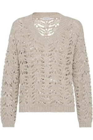 Brunello Cucinelli Stickade tröjor & koftor, Dam, S, V-Hals Tröja med Ribbed Detaljer