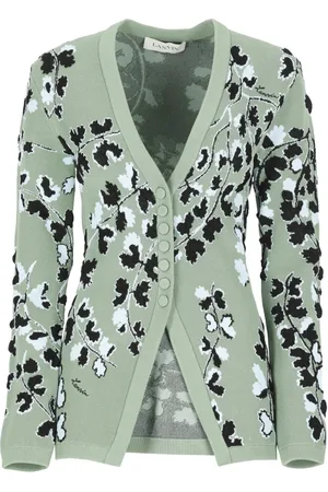 Lanvin Stickade tröjor & koftor, Dam, M, Polyester, Grön Blommig V-ringad Kofta