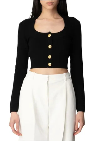 Elisabetta Franchi Stickade tröjor & koftor, Dam, XS, Polyester, Svart Kofta med Gyllene Knappar