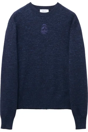 Alexander McQueen Stickade tröjor & koftor, Herr, L, Blå Crew Neck Sweater med Skull Broderi