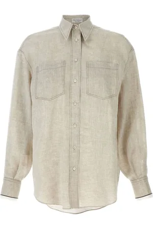 Brunello Cucinelli Blusar & Skjortor , Dam, L, Linne, Linskjorta med Monille-manschett