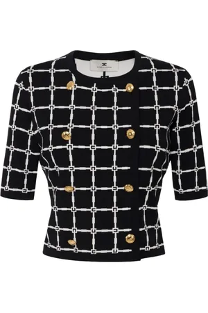 Elisabetta Franchi Stickade tröjor & koftor, Dam, L, Polyester, Jacquard Logo Cardigan med gyllene knappar