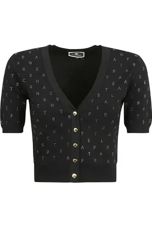 Elisabetta Franchi Stickade tröjor & koftor, Dam, L, Cropped Cardigan i viskos med strassbokstäver