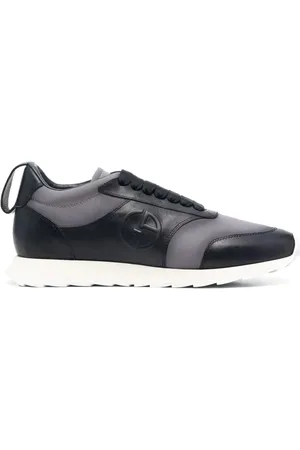 Giorgio Armani Skor, Herr, 42 EU, Läder, Blå Elegant Stängda Platta Sneakers Sneaker
