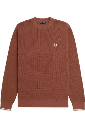 Fred Perry Stickade tröjor & koftor, Herr, M, Bomull, Brun tröja med våffelstruktur, perfekt som lagerplagg