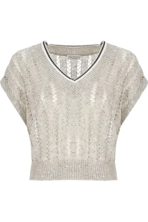 Brunello Cucinelli Stickade tröjor & koftor, Dam, M, Linen Dazzling Ribbed Net Knit T-shirt