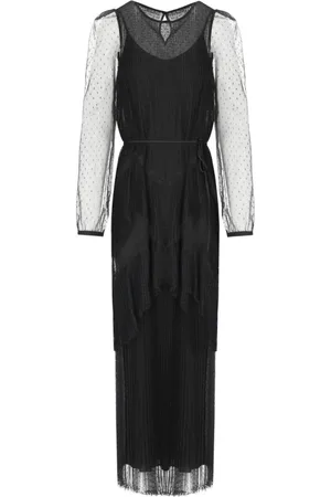 Twin-Set Klänning, Dam, S, Polyester, Svart Lång Veckad Klänning med Spets