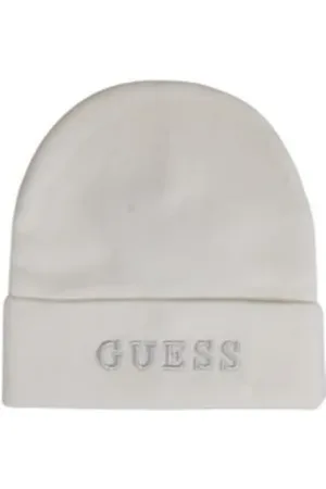 Guess Accessoarer, Dam, ONE Size, Polyester, Kräm Logo Stickad Mössa Hat