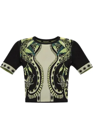 Roberto Cavalli Stickade tröjor & koftor, Dam, M, Citrontryck Stickad Crop Top