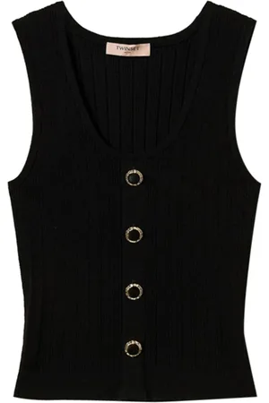 Twin-Set Topp, Dam, S, Polyester, Svart Stickad Topp med Knappdetalj