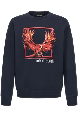 Roberto Cavalli Sweatshirts & Hoodies, Herr, 2Xl, Bomull, Mörkblå Tryckt Sweatshirt Tillverkad i Italien
