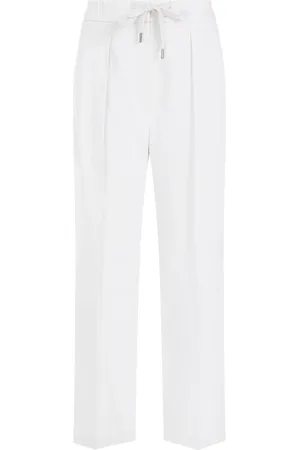 Brunello Cucinelli Byxor, Dam, S, Bomull, Neutrala Straight Leg Elastisk Midja Byxor
