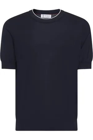 Brunello Cucinelli Stickade tröjor & koftor, Herr, 2Xl, Bomull, Blå tröja med rund hals och korta ärmar