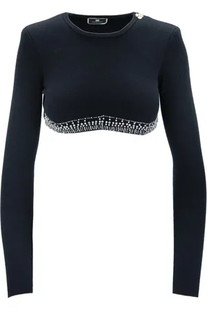 Elisabetta Franchi Stickade tröjor & koftor, Dam, M, Långärmad Cropped Top med Dekorativa Detaljer