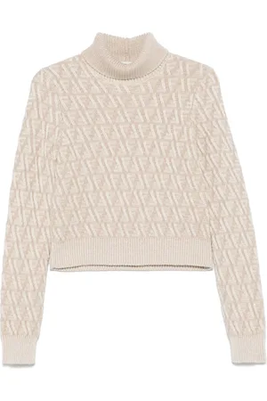 Fendi Stickade tröjor & koftor, Dam, XS, Kashmir, Vit Jacquard-stickad Tröja med Ribbad Hög Polokrage