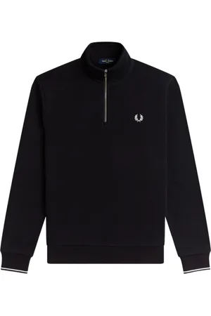 Fred Perry Sweatshirts & Hoodies, Herr, M, Bomull, Halv Zip Sweatshirt med Ränder på Ryggen