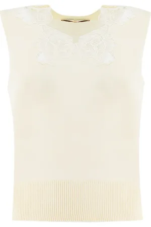 ERMANNO SCERVINO Topp, Dam, L, Linne, Elegant blommig spetslinne med ribbad fåll