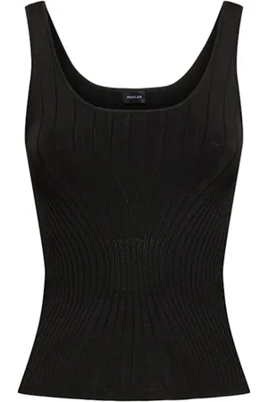 MUGLER Topp, Dam, S, Nylon, Svart Ribbad Ärmlös Topp med Fyrkantig Halsringning