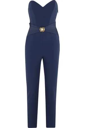 Elisabetta Franchi Jumpsuits & Playsuits, Dam, M, Polyester, Blå Hjärt Hals Jumpsuit Smyckesdetalj