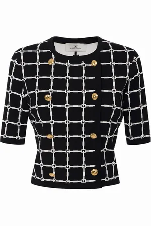 Elisabetta Franchi Stickade tröjor & koftor, Dam, XL, Jacquard-kofta med logotypmotiv
