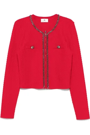 Elisabetta Franchi Stickade tröjor & koftor, Dam, S, Crimson Herringbone Sweater Zip Crew Neck