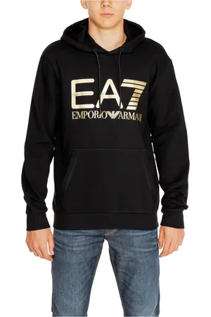 EA7 Sweatshirts & Hoodies, Herr, S, Bomull, Svart tryckt huvtröja