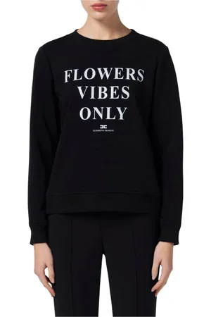 Elisabetta Franchi Stickade tröjor & koftor, Dam, L, Bomull, Sweatshirt med svart tryck och satinband