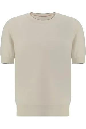 Brunello Cucinelli Stickade tröjor & koftor, Herr, M, Bomull, Ribbstickad T-shirt med kontrasterande rund hals