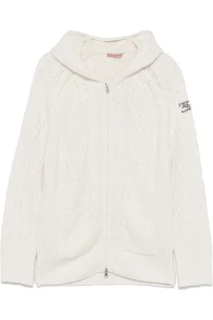 ERMANNO SCERVINO Stickade tröjor & koftor, Dam, L, Polyester, Vit Stickad Zip-Up Hoodie