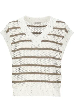 Brunello Cucinelli Stickade tröjor & koftor, Dam, S, Linne, Sequin V-Neck Linen Sweater