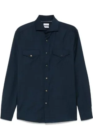 Brunello Cucinelli Skjorta, Herr, XL, Bomull, Marinblå Långärmad Skjorta med Knappar