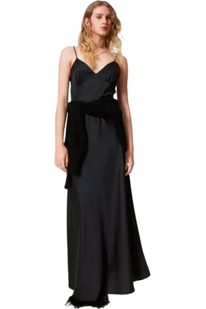 Twin-Set Klänning, Dam, S, Polyester, Svart Satin Maxi Slipklänning med Tunna Band